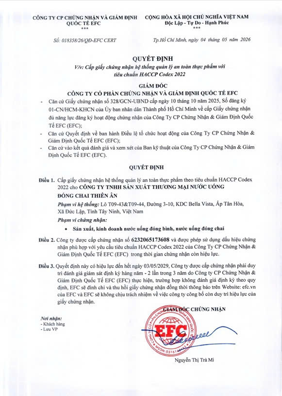Chứng nhận hệ thống an toàn thực phẩm thiên ân