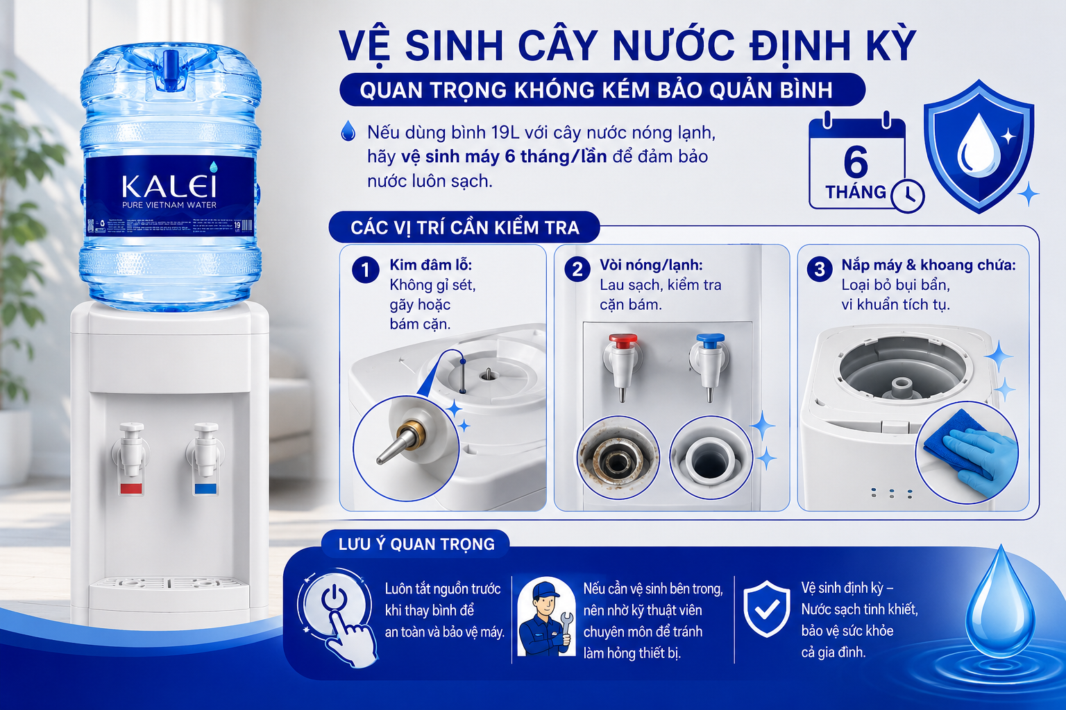 Vệ sinh máy nước nóng lạnh định kỳ tại các vị trí vòi, kim đâm lỗ và khoang chứa nước